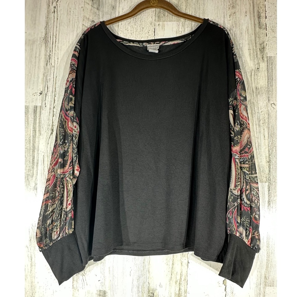 Chicos Blouse Top Size‎ 3 or XL Black Paisley Sheer Long Sleeves